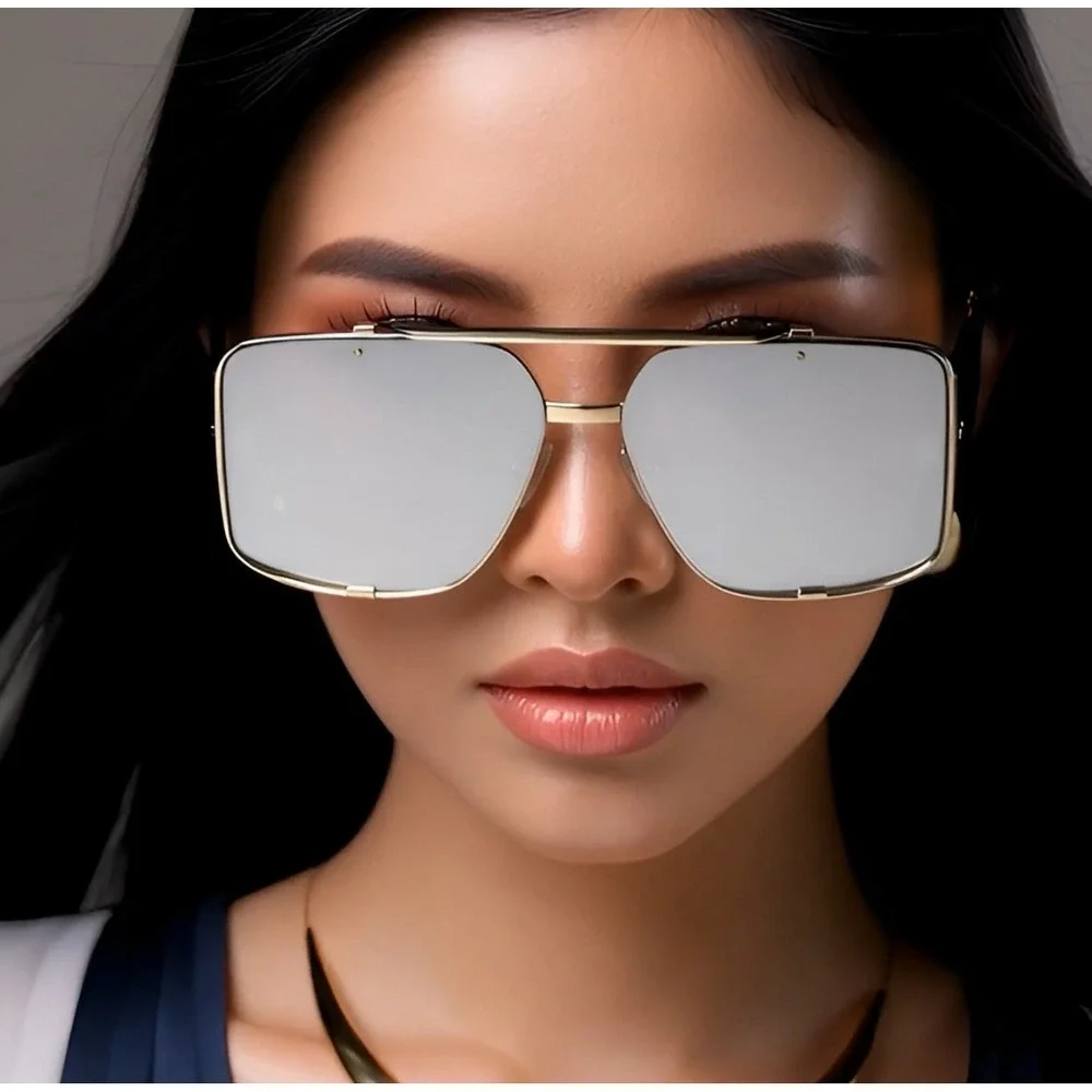 Square Sunglasses Gold‎ Frame Silver Mirror Lens Fashion Women Beach Street Wear